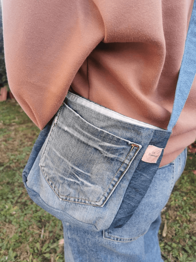  Sac bandoulière #3 Jean bicolore et drap ancien – Poches plaquées