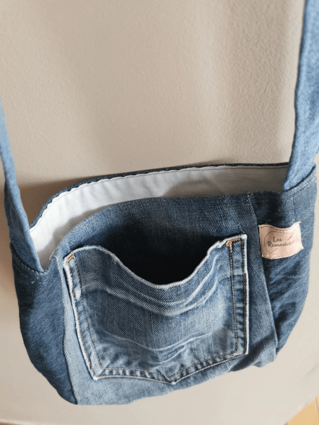  Sac bandoulière #3 Jean bicolore et drap ancien – Poches plaquées